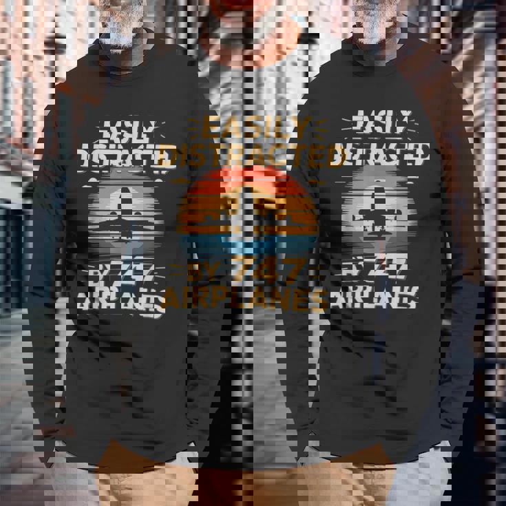 飛行機 簡単 気を取られる 747 飛行機 面白い パイロット 長袖Tシャツ 高齢者への贈り物