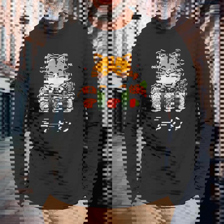 食べ物好きのためのかわいい日本のかわいい猫寿司 長袖Tシャツ 高齢者への贈り物