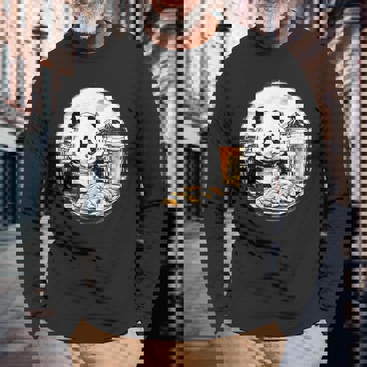 餃子 パンダ おもしろ 面白い ギョーザ ビール 和風 長袖Tシャツ 高齢者への贈り物