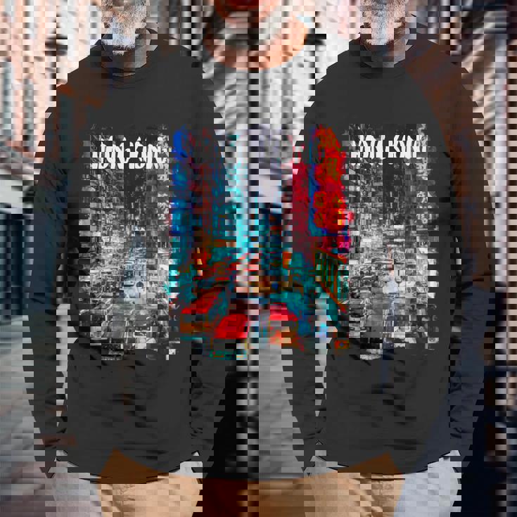 香港のお土産-夜の香港 長袖Tシャツ 高齢者への贈り物