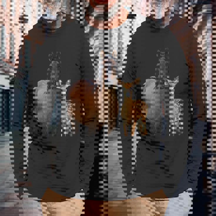 馬 鹿 面白いtシャツ バカ メンズ おもしろ 面白い 服 オリジナル おもしろグッズ ネタ 動物 ウマ シカ 長袖Tシャツ 高齢者への贈り物