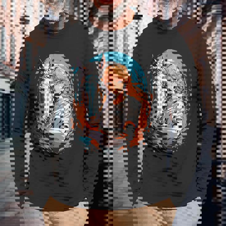 馬のファンのためのアニメガールの象徴的な乗馬デザイン。 長袖Tシャツ 高齢者への贈り物