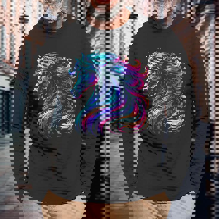 馬愛好家のための鮮やかな馬のファンタジー 長袖Tシャツ 高齢者への贈り物
