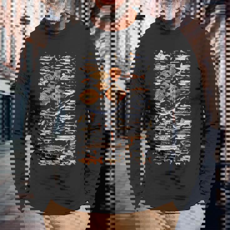 魚の概要と名前。 長袖Tシャツ 高齢者への贈り物