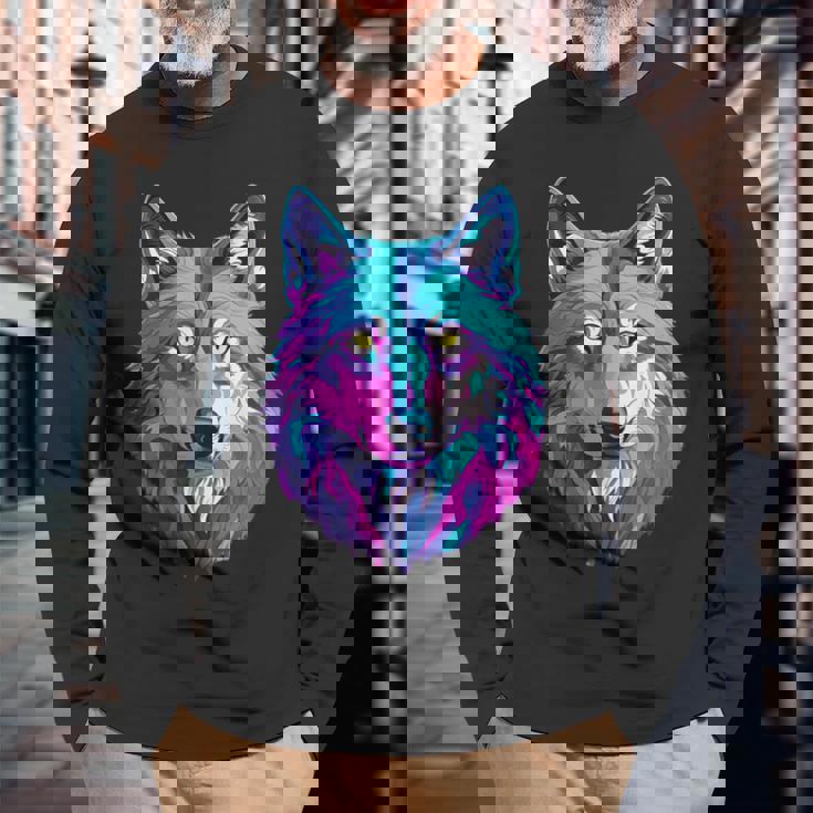 鮮やかなマルチカラーオオカミ 長袖Tシャツ 高齢者への贈り物