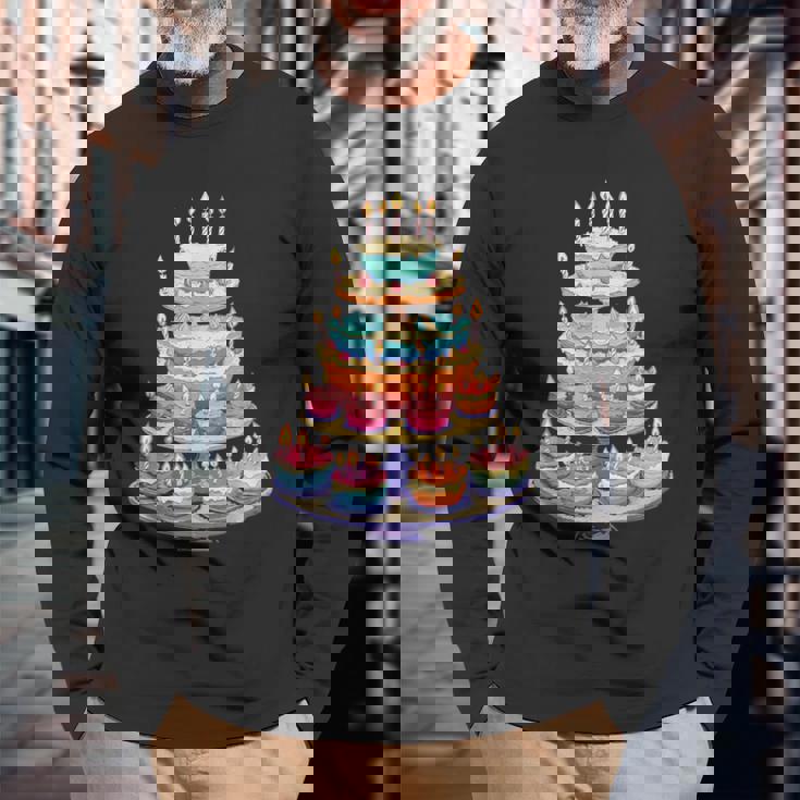 鮮やかな多層バースデーケーキ 長袖Tシャツ 高齢者への贈り物