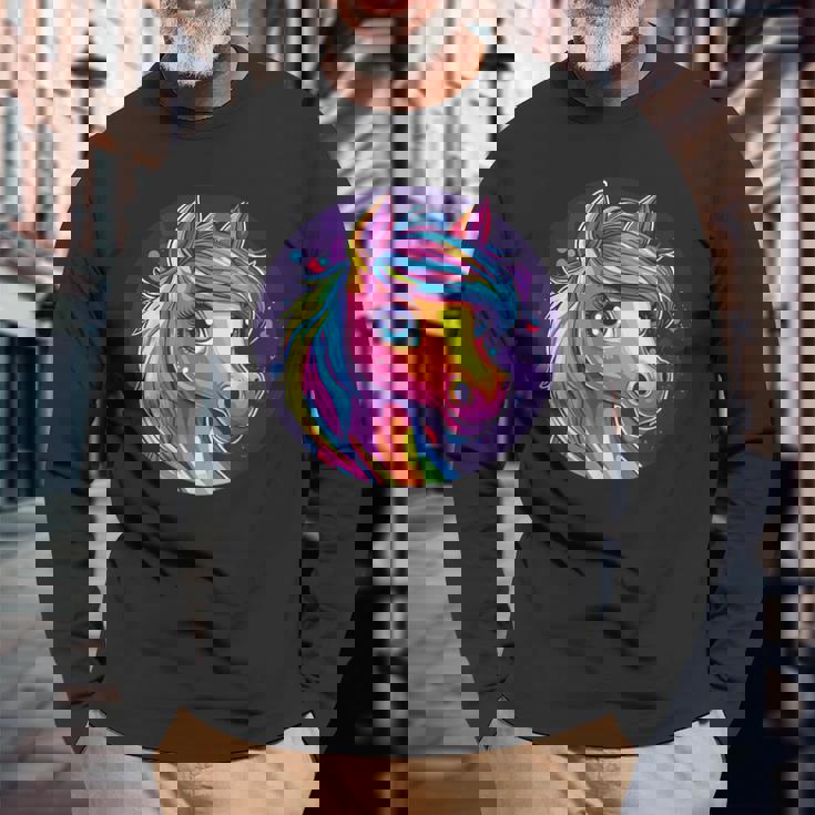 鮮やかな虹色の馬の魔法の夢 長袖Tシャツ 高齢者への贈り物