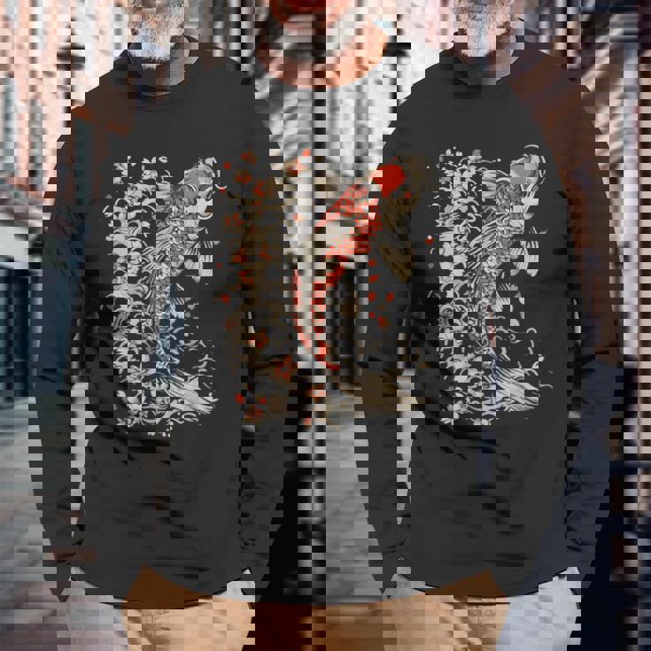 鯉 アジアン 鯉 錦鯉 魚 さくら 桜 季節 長袖Tシャツ 高齢者への贈り物