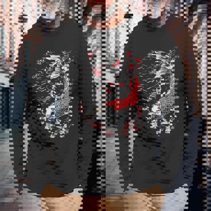 鯉 桜 桜 季節 錦鯉 魚 アジアン 長袖Tシャツ 高齢者への贈り物