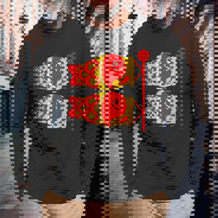 鯉 鯉 漢字 鯉のぼり 旗 長袖Tシャツ 高齢者への贈り物