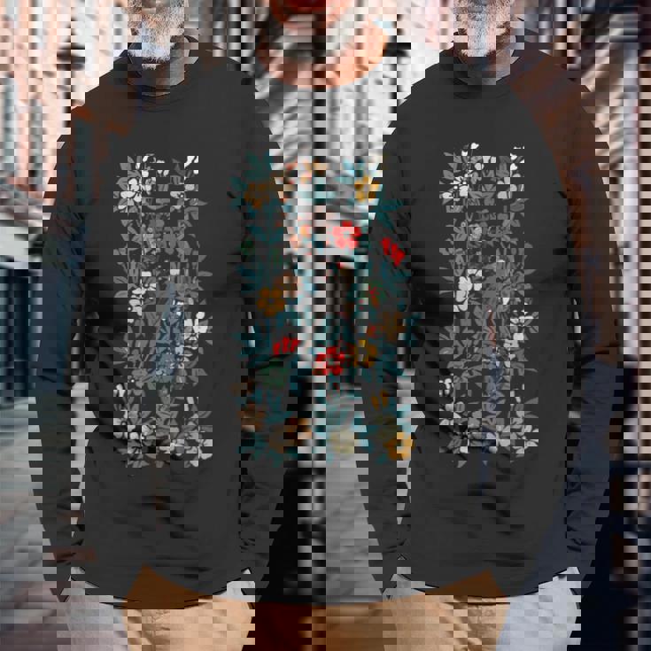 鳥 文鳥と花の模様 長袖Tシャツ 高齢者への贈り物