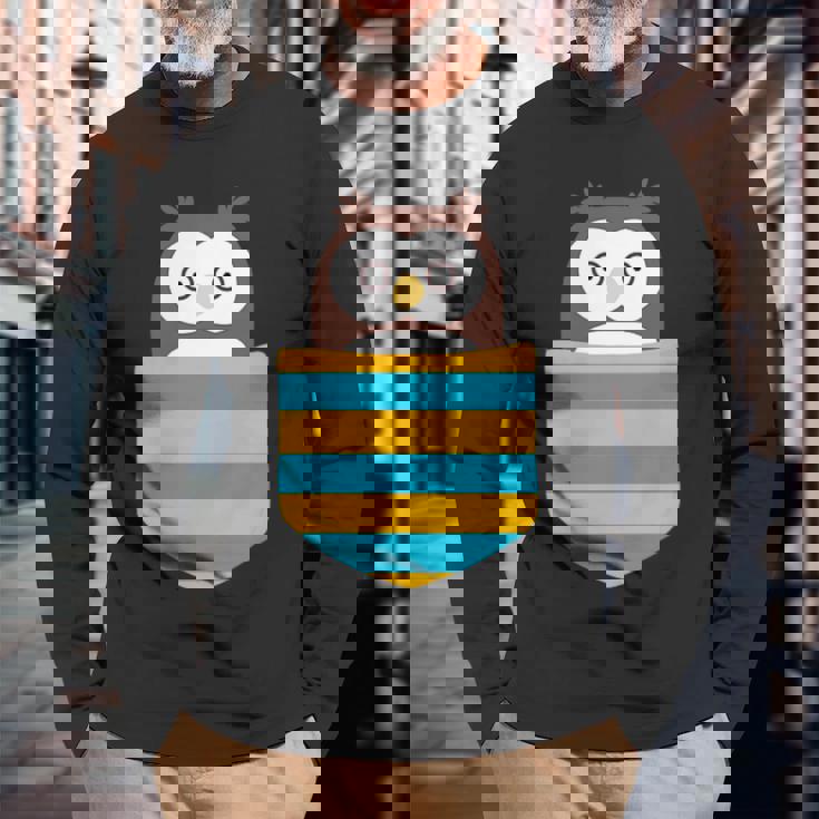 鳥好きのギフト フクロウのフクロウ 胸ポケット付き 長袖Tシャツ 高齢者への贈り物