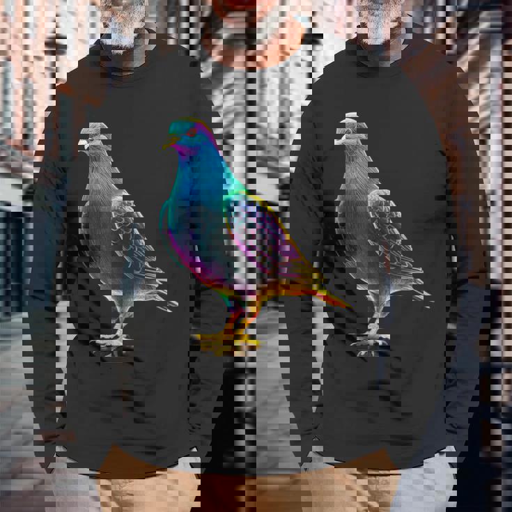 鳩 カラフル 動物 動物園 アートワーク 鳩 長袖Tシャツ 高齢者への贈り物