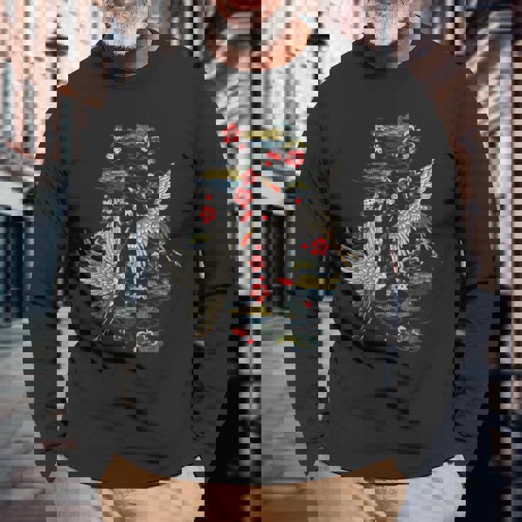 鶴&桜 ヴィンテージ日本刺繍 長袖Tシャツ 高齢者への贈り物