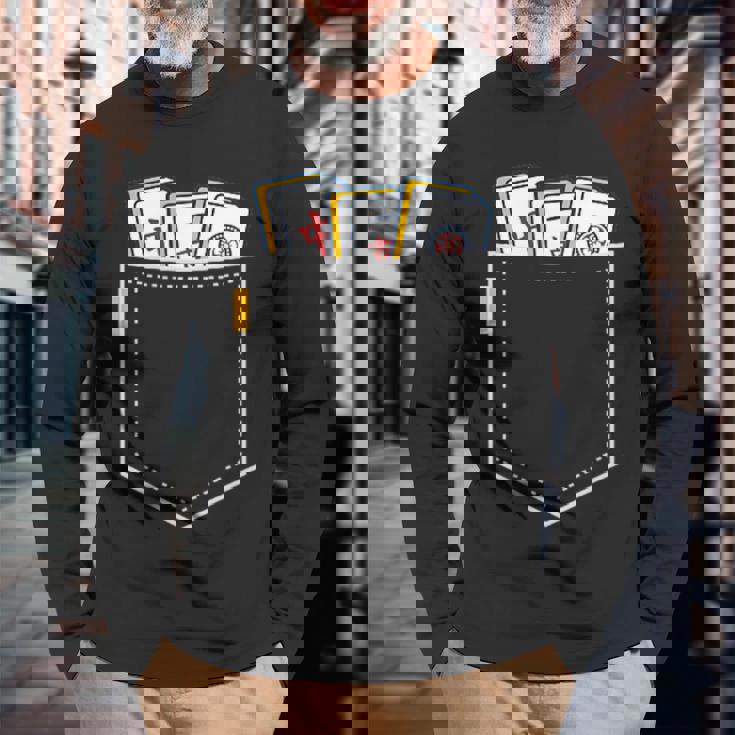 麻雀 牌 ワンポイント ポケット 柄ポケット デザイン かわいい おもしろ 可愛い 麻雀好プレゼント 長袖Tシャツ 高齢者への贈り物