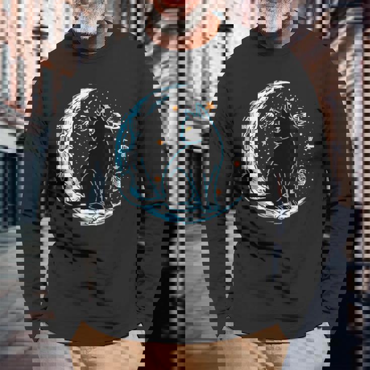 黒猫 三日月 セーラームーンフェイズ 占星術 ペット愛好家 長袖Tシャツ 高齢者への贈り物