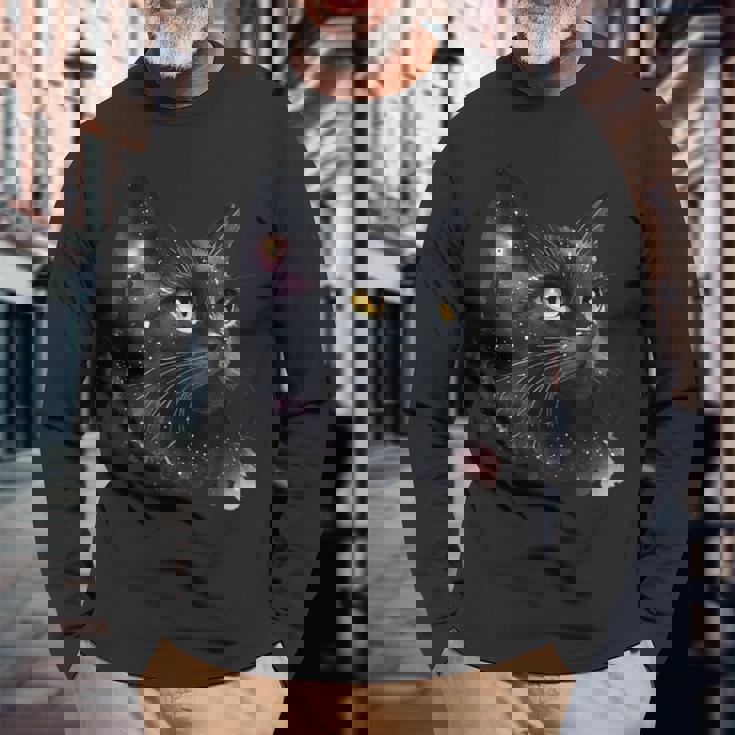 黒猫 黄色い目 猫の顔 子猫愛好家 長袖Tシャツ 高齢者への贈り物