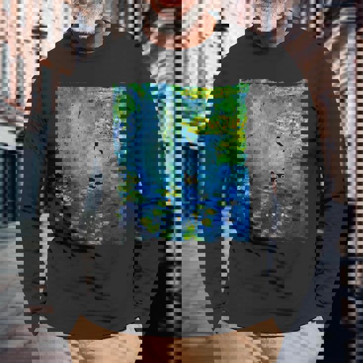 黒猫モネのスイレン絵画アート 猫好き 長袖Tシャツ 高齢者への贈り物