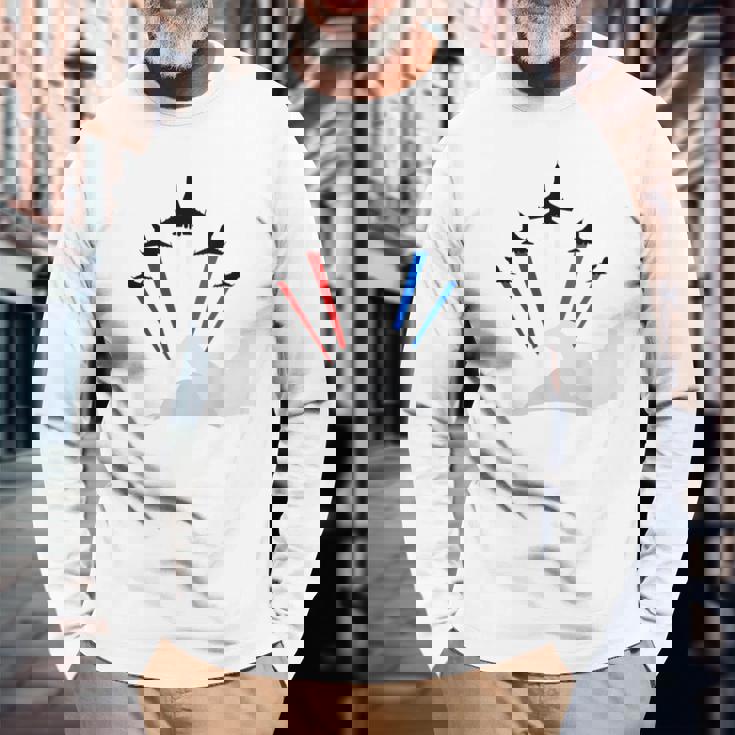 7月4日アメリカ独立記念日戦闘機ジェットクールグラフィック 長袖Tシャツ 高齢者への贈り物