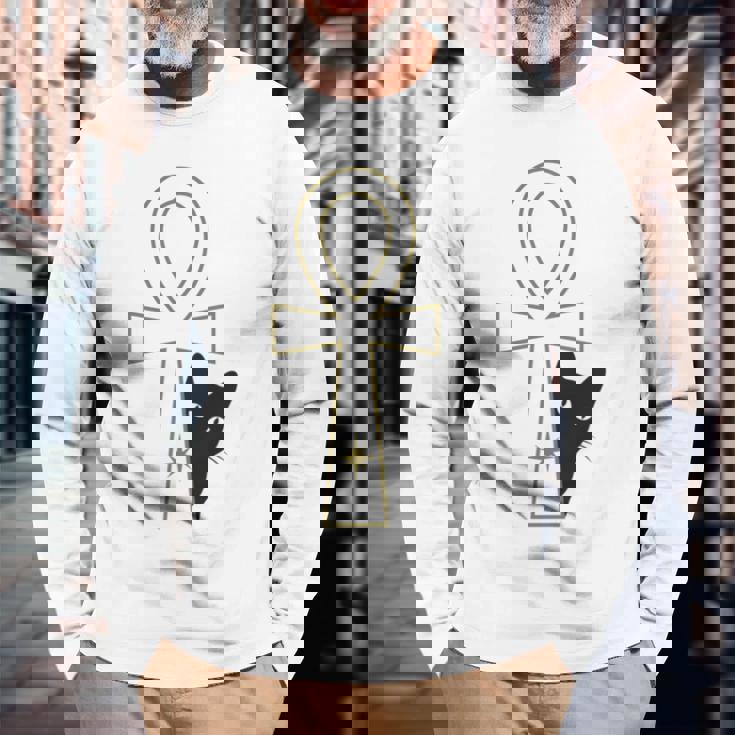 Ankh & Cat デザイン – スピリチュアル瞑想アート 長袖Tシャツ 高齢者への贈り物