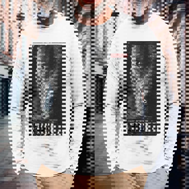 Backprint 野生の犬ピットブルテリアのポートレートブルドッグのバックプリントピットブル 長袖Tシャツ 高齢者への贈り物