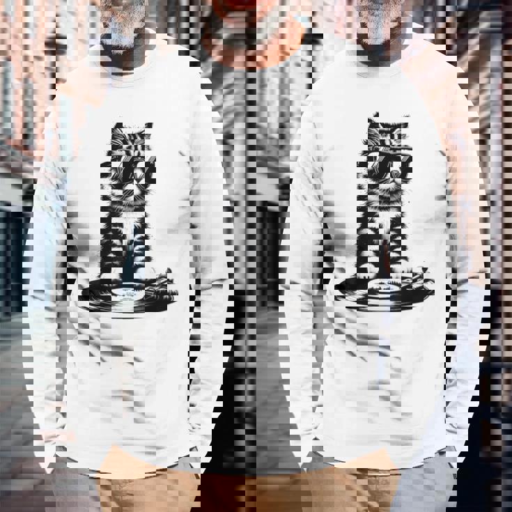 Cool Dj Cat ビニールレコード愛好家 長袖Tシャツ 高齢者への贈り物