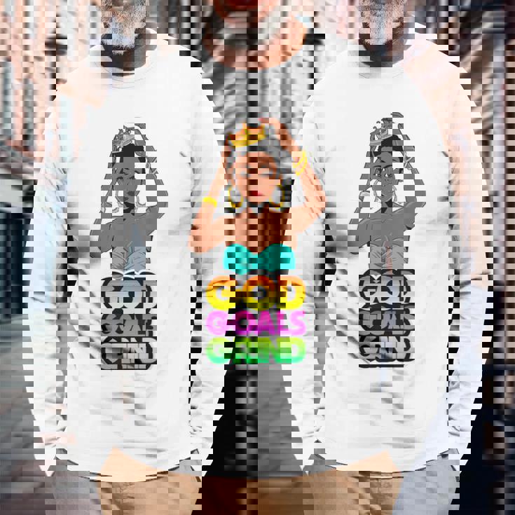 God Goals グラインドメラニン クリスチャン 楽しい ブラック クイーン ガールズ 長袖Tシャツ 高齢者への贈り物