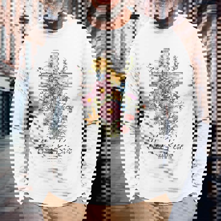 He Is Risen 花柄 十字架 春の花 イースター クリスチャ 長袖Tシャツ 高齢者への贈り物