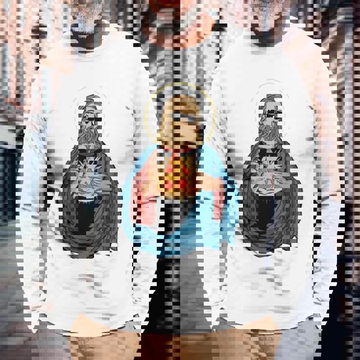 Jesus Holding A Pizza 長袖tシャツ 長袖Tシャツ 高齢者への贈り物