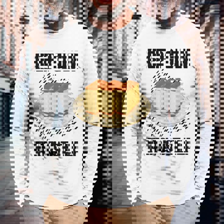 Keep Calm Eat Castella ヴィンテージ グランジ カステラ ケーキ好き 長袖Tシャツ 高齢者への贈り物