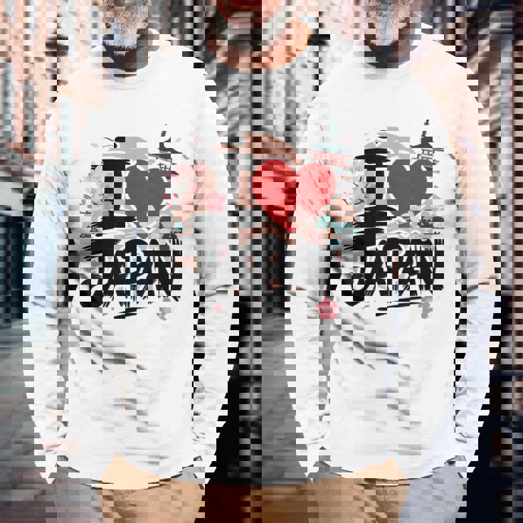 I Love Japan 桜 桜 日本の富士山 寺院 長袖Tシャツ 高齢者への贈り物