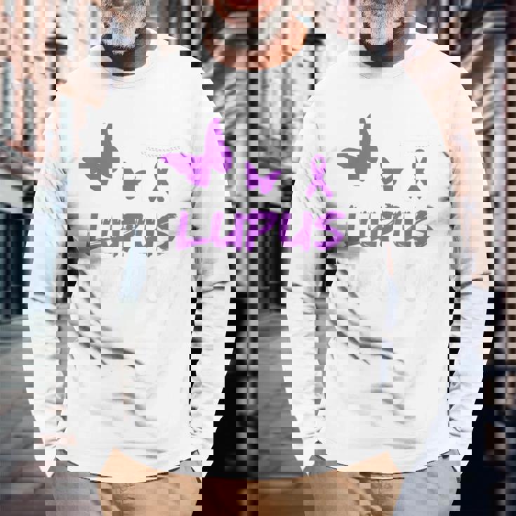 Lupus Warrior パープルバタフライ&リボン ポケット付き 長袖Tシャツ 高齢者への贈り物