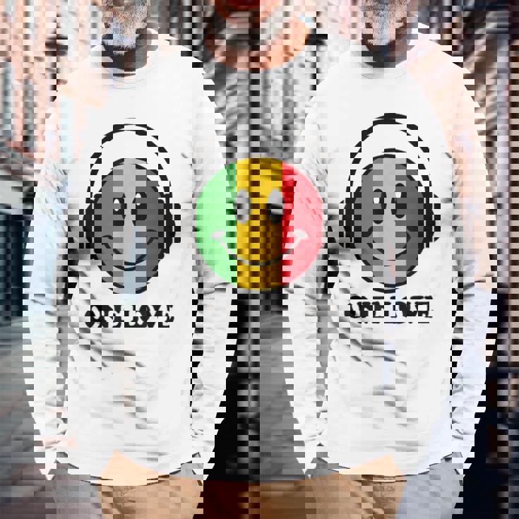 One Love ラスタ レゲエ 音楽 ヘッドホン スマイルフェイス ラスタファリ 長袖Tシャツ 高齢者への贈り物