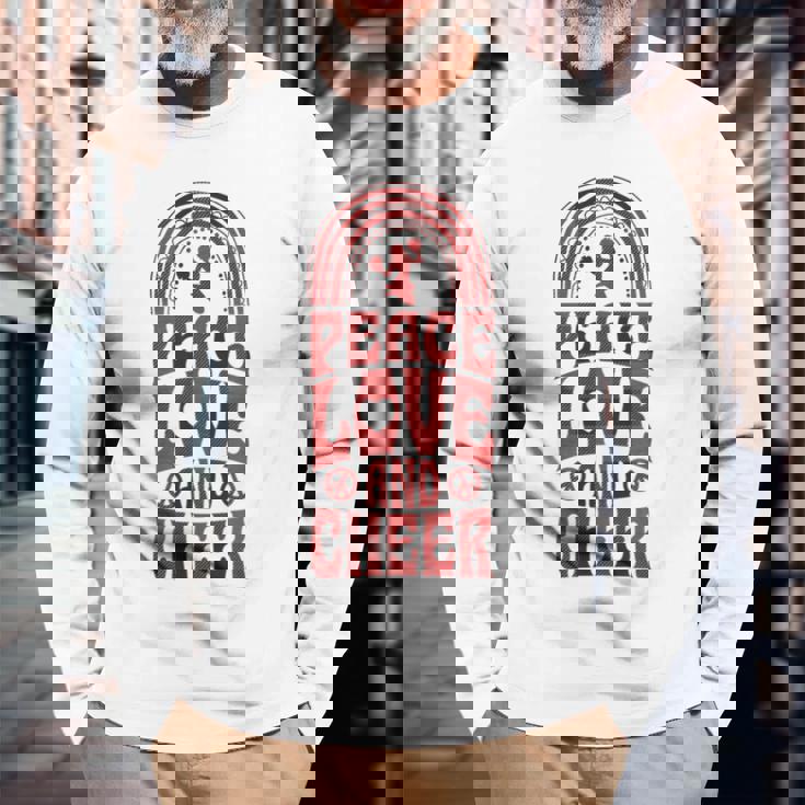 Peace Love And Cheer ボヘミアンレインボーチアリーダー 長袖Tシャツ 高齢者への贈り物