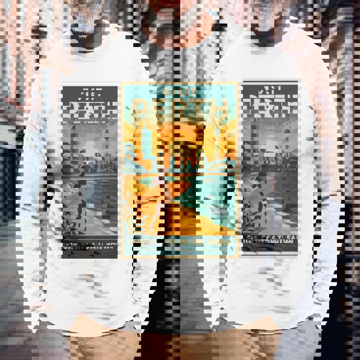 Perth Australia – ビンテージ旅行ポスタースタイル 長袖tシャツ 長袖Tシャツ 高齢者への贈り物