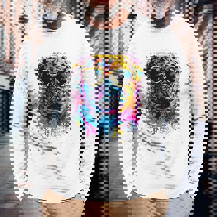 Pug Dog Lovers カラフル ポップアート パグ 長袖tシャツ 長袖Tシャツ 高齢者への贈り物