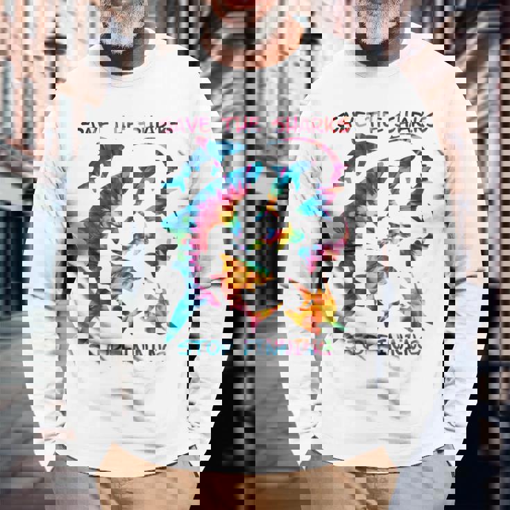 Stop Finning ジンベエザメ シュモクザメサメの種類タイダイ 長袖tシャツ 長袖Tシャツ 高齢者への贈り物