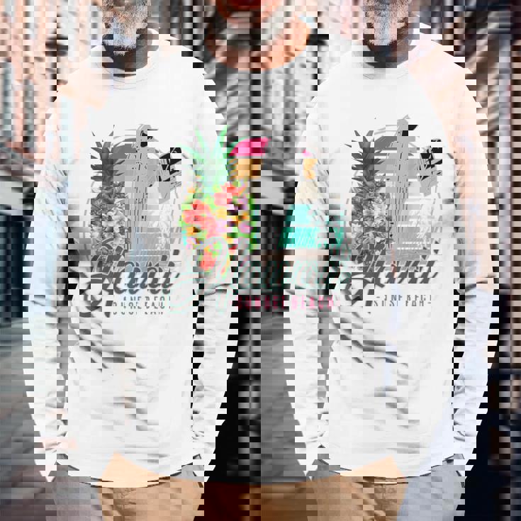 Sunset Beach Hawaii、サーフィンサーフボードレトロ、バックプリント 長袖Tシャツ 高齢者への贈り物