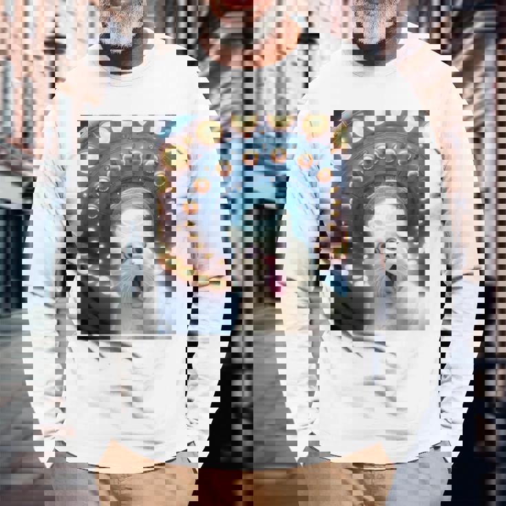 Ufo エイリアンフライングソーサー付き面白い白猫愛好家セルフィー 長袖tシャツ 長袖Tシャツ 高齢者への贈り物