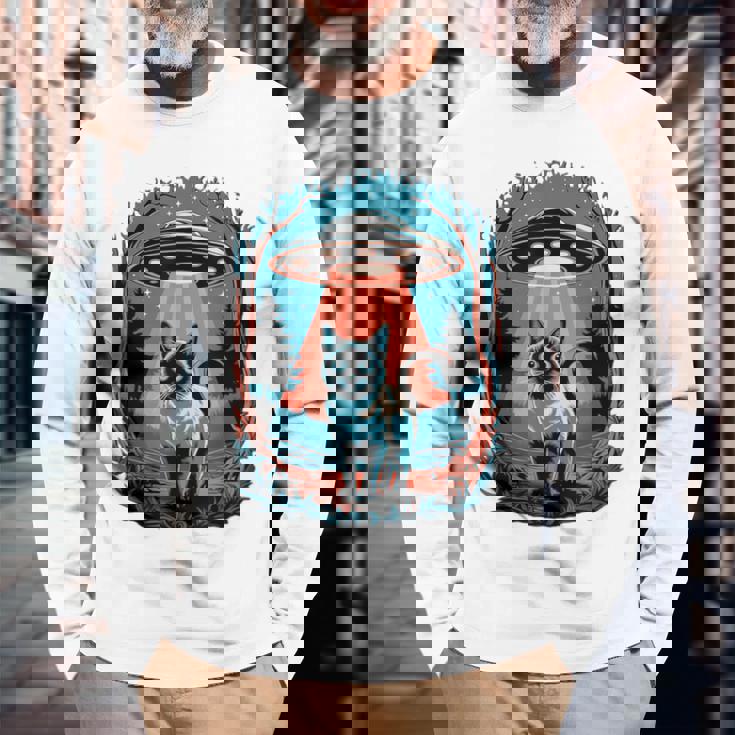 Ufo 猫誘拐 星空の下で 長袖Tシャツ 高齢者への贈り物