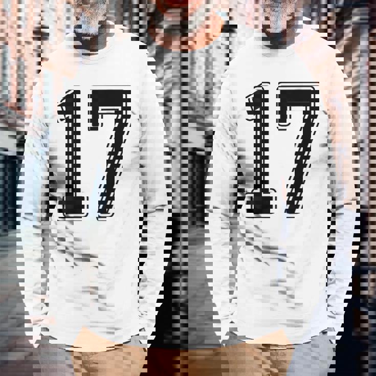 【バックプリント・背中側】17 数字 背番号 ユニフォーム ナンバー【ブラック／黒の文字】スポーツ 野球 サッカー 部活 長袖Tシャツ 高齢者への贈り物