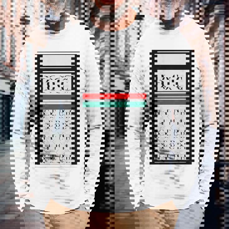 【バックプリント・背中側】Bocci ぼっち ロゴ 総柄 イタリア国旗風【変なtシャツ】陰キャ ブランド パロディ 面白 長袖Tシャツ 高齢者への贈り物