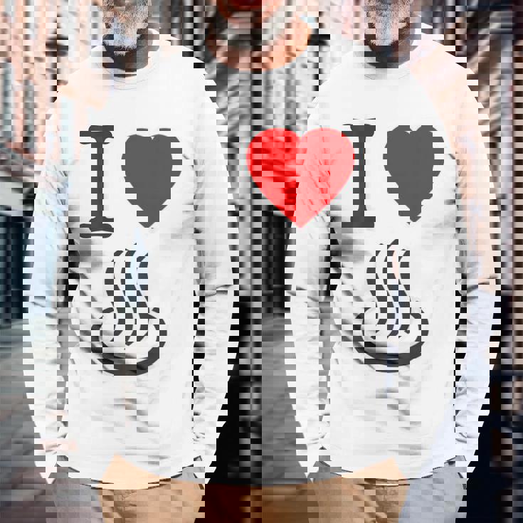 【バックプリント・背中側】アイラブ・温泉 マーク お風呂 銭湯 記号 お土産 旅行 ハート スタッフ 面白い 長袖Tシャツ 高齢者への贈り物