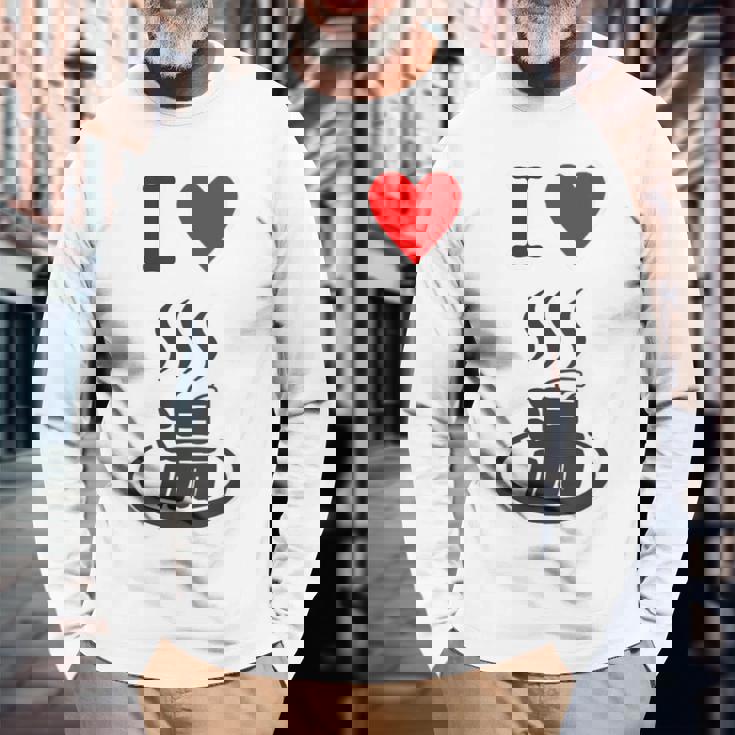 【バックプリント・背中側】アイラブ・湯 イラスト【温泉】お風呂 マーク 銭湯 記号 ハート 面白い 長袖Tシャツ 高齢者への贈り物