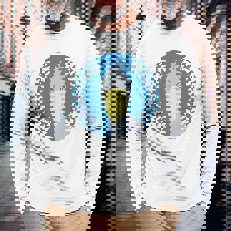 【バックプリント・背中側】ハシビロコウ『ロゴマーク』ブルー 青【どうぶつフレンズ】鳥 動物 ゆるくて かわいい イラスト 長袖Tシャツ 高齢者への贈り物