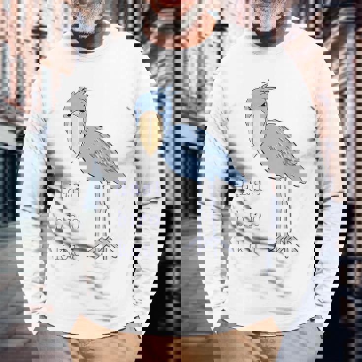 【バックプリント・背中側】ハシビロコウさん 『セルフィー』鳥【どうぶつフレンズ 】動物園 ゆるくて かわいい イラスト 長袖Tシャツ 高齢者への贈り物