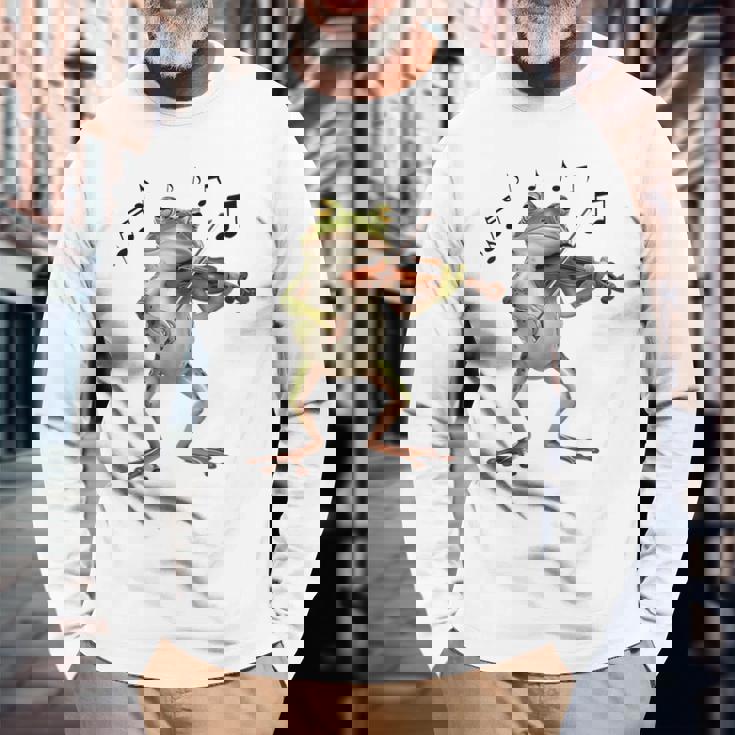 おもしろミュージシャン バイオリニスト かわいいカエル 演奏 バイオリン 長袖Tシャツ 高齢者への贈り物