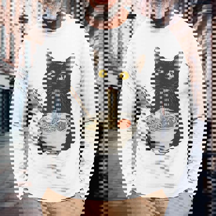 おもしろ猫 食べる 麺 ラーメン 日本猫 食べる 麺 長袖Tシャツ 高齢者への贈り物