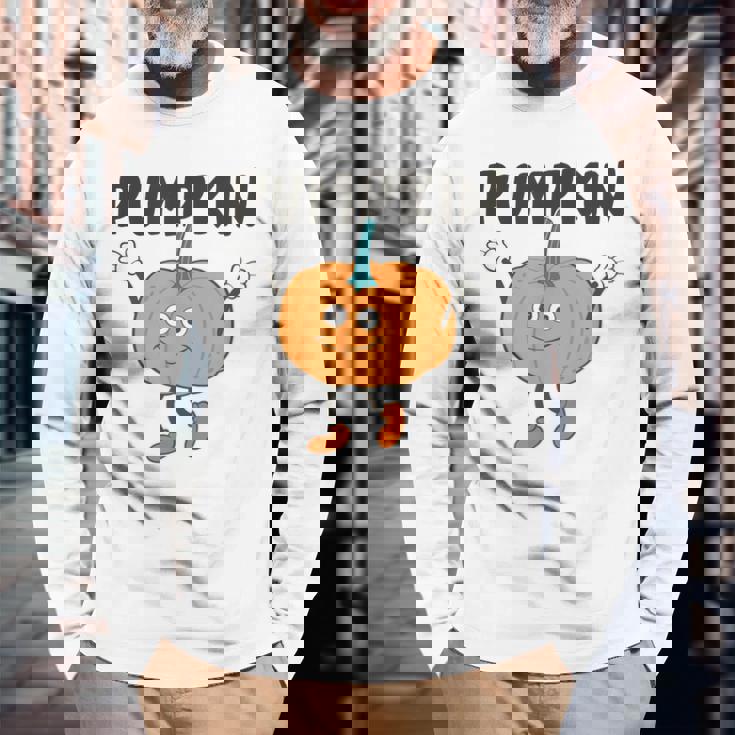 かぼちゃ Pumpkin キャラクター 顔 イラスト かわいい おもしろ シンプル ゆるい 野菜 ゆるキャラ 長袖Tシャツ 高齢者への贈り物