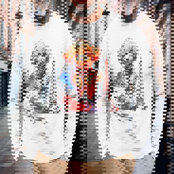 かわいい フランス パリ エッフェル塔 トイプードル パリ ジャンプ 子犬 長袖Tシャツ 高齢者への贈り物